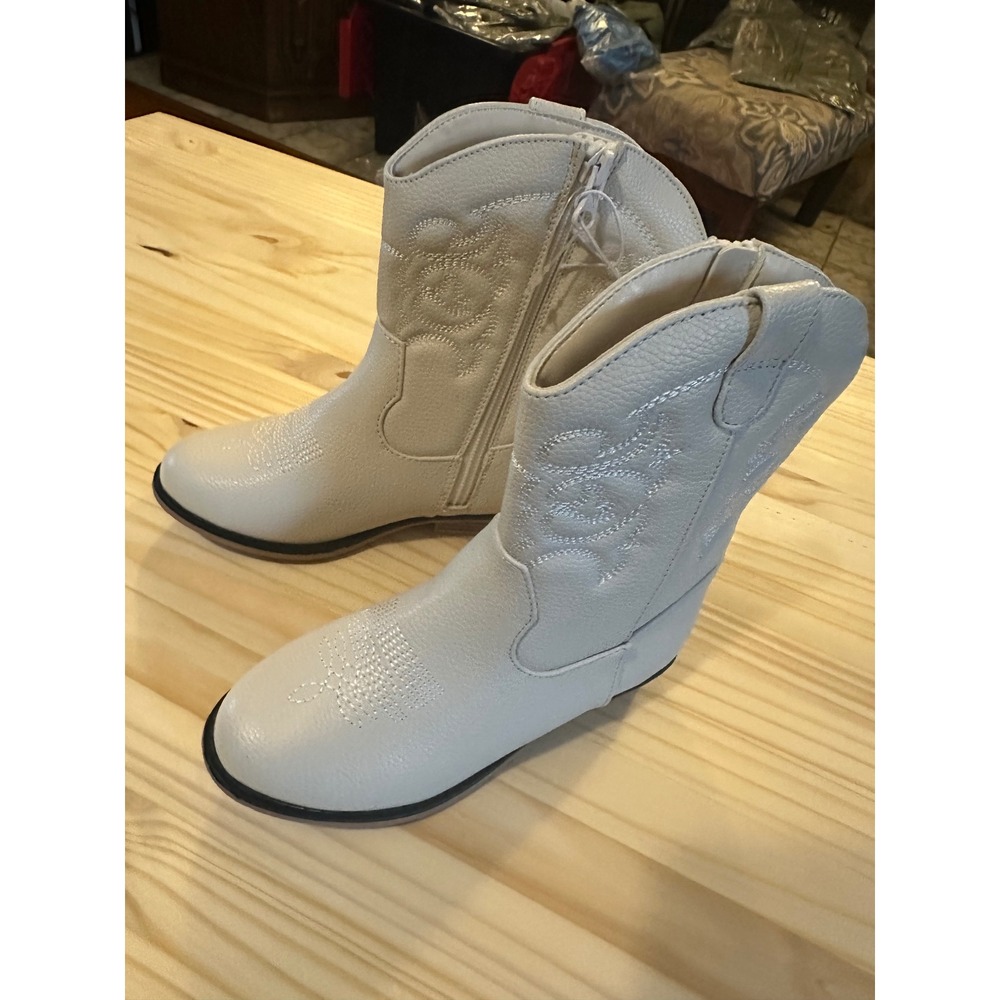 Cat & Jack Girls White Western Cowboy Boots Size 12 Side Zip Embroidered